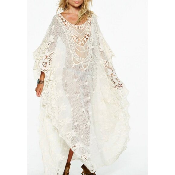 Jen's Pirate Booty Romantic Mykonos Kaftan Maxi Dress White Crochet OS - Picture 1 of 4
